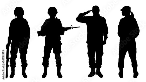 Collage with silhouettes of military soldiers on white background, banner. Military service