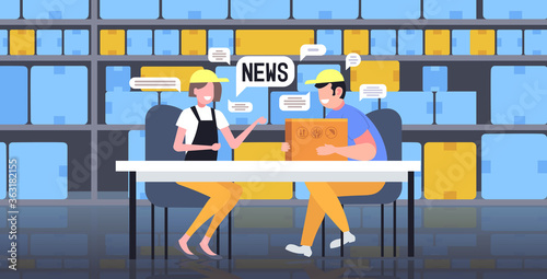 warehouse workers chatting during meeting discussing daily news chat bubble communication concept modern storehouse interior full length horizontal vector illustration