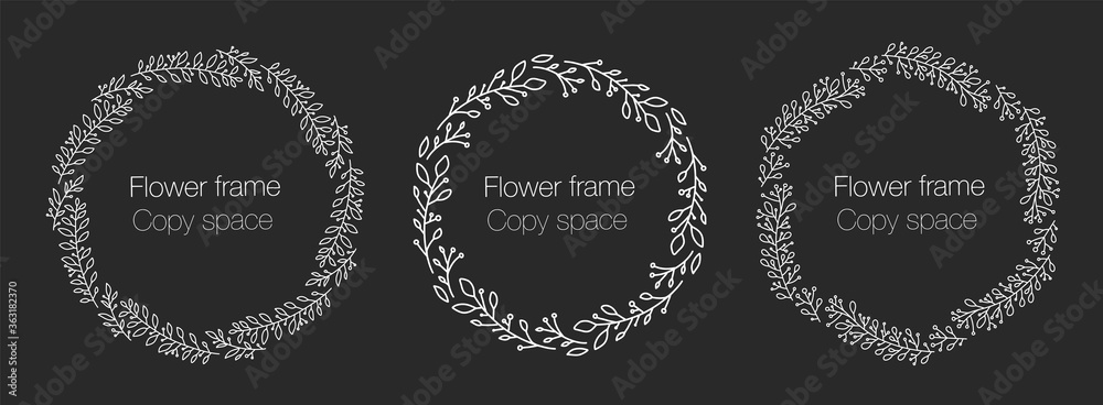 Vector vintage wreaths white on dark isolated. Collection of trendy cute floral frames. Graphic design elements for wedding invitations, prints, decorations, greeting cards. Hand drawn round wreath