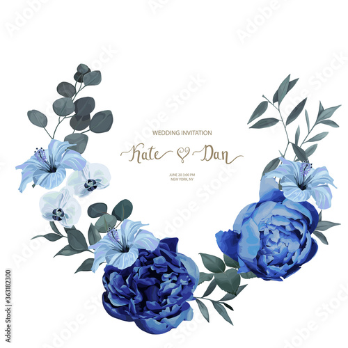 Wedding floral vector bouquet with  leaves, peony, hibiscus, orchids  and eucalyptus branches on white background. Winter design. Vector illustration