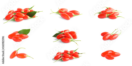 Set of fresh goji berries on white background. Banner design