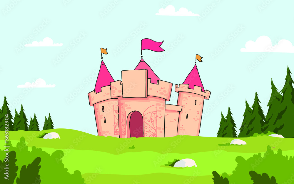 In this vector graphic is a field on which is a castle surrounded by fir trees,vector,cartoon.
