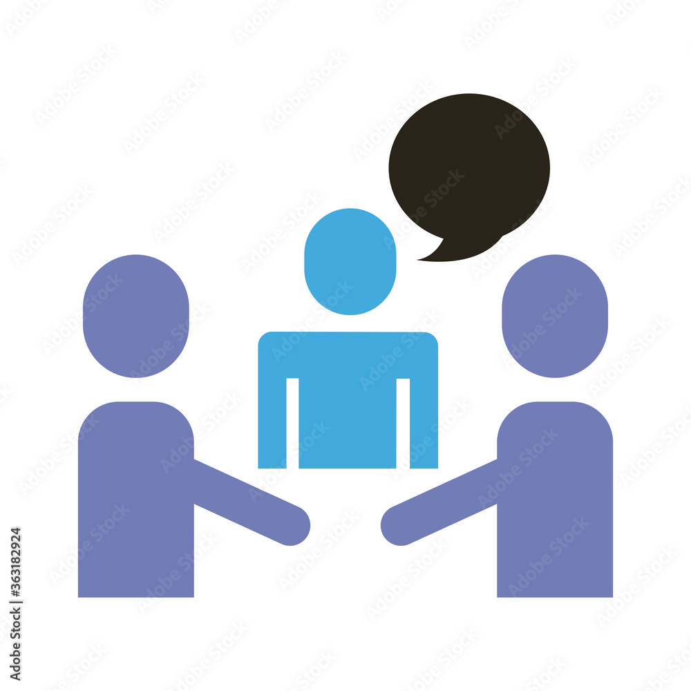 businessmen teamwork figures with speech bubble flat style icon