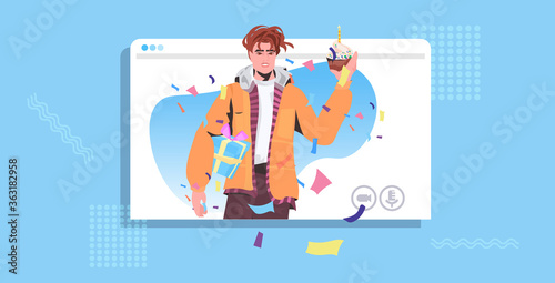 man celebrating online party guy in web browser window holding birthday cake and gift box celebration concept portrait horizontal vector illustration