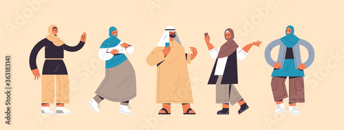 set arabic people in traditional clothes arab men women standing pose male female cartoon characters collection full length horizontal vector illustration