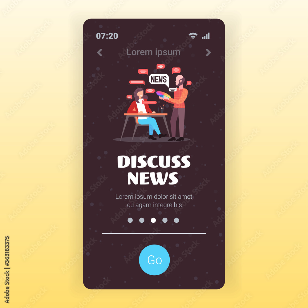 designers couple chatting during meeting discussing daily news chat bubble communication concept smartphone screen mobile app full length copy space vector illustration designers couple chatting during meeting discussing daily news chat bubble communication concept smartphone screen mobile app full length copy space vector illustration