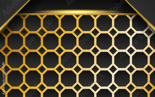 modern premium technology dark abstract background banner  with gold line and golden rays  overlap layer in paper effect on textured gold hexagon background.vector illustration.