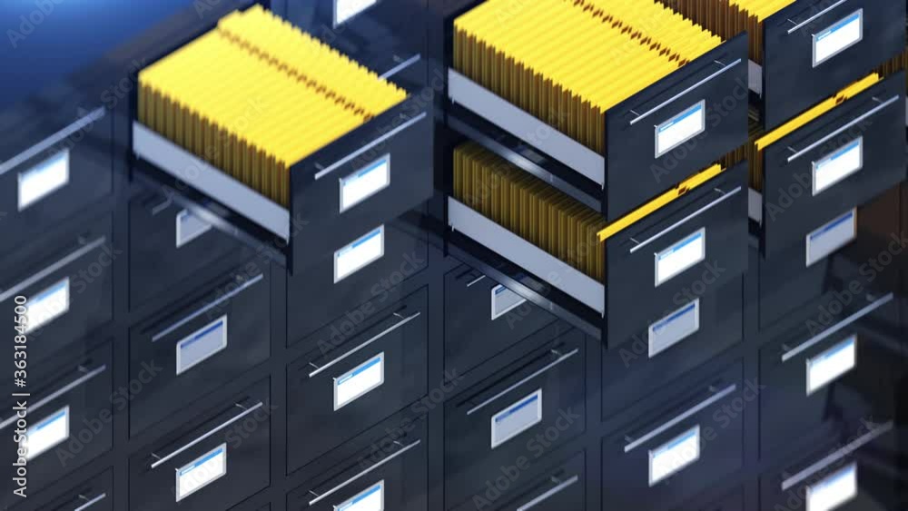 Archive drawers opening and closing, information storage, data center, bureau. Searching through archive folders