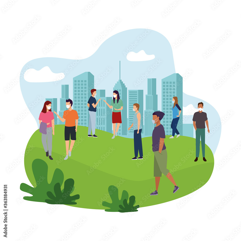 group of young people wearing medical masks in the park