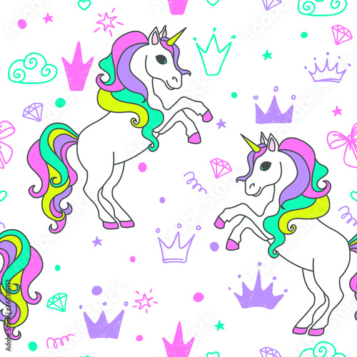 Hand-drawn seamless pattern with unicorns clouds  hearts  bow  diamond  crowns. Cute baby and little princess design. Children s room wallpaper and clothes texture.