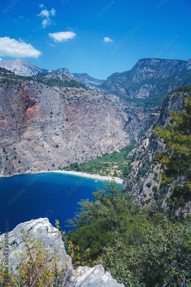 Oludeniz Butterfly Valley, stunning beautiful scenery, blue sea of pine and high cliffs, travel to Turkey