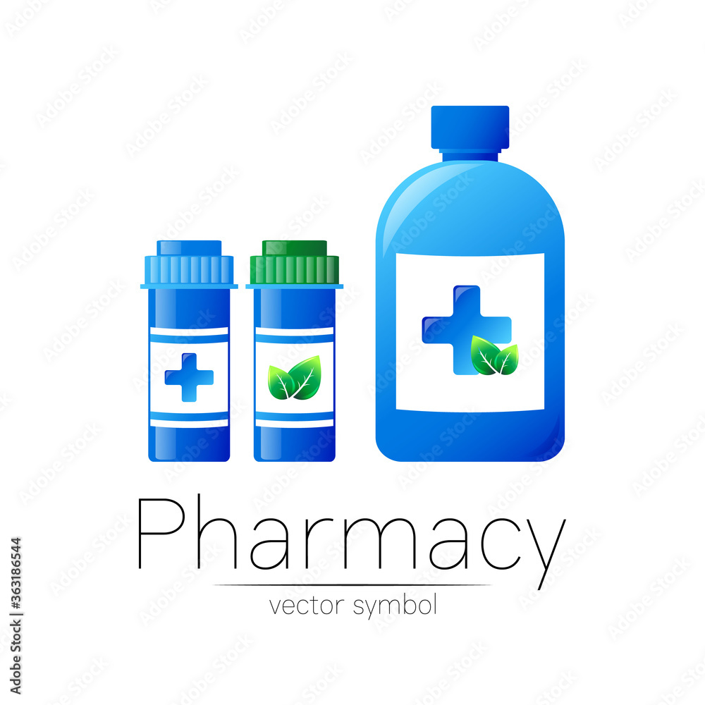 Pharmacy vector symbol with 3 blue pill bottles and cross, leaf capsule tablet for pharmacist, pharma , doctor and medicine. Modern design logo on white. Pharmaceutical icon logotype . Human health Pharmacy vector symbol with 3 blue pill bottles and cross, leaf capsule tablet for pharmacist, pharma , doctor and medicine. Modern design logo on white. Pharmaceutical icon logotype . Human health
