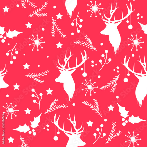 Christmas seamless pattern with deers, stars, snowflakes, trees