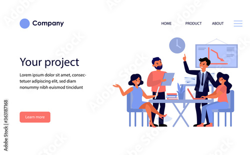 Business team discussing project. Office colleagues with gadgets meeting together and talking flat vector illustration. Cooperation, teamwork concept for banner, website design or landing web page