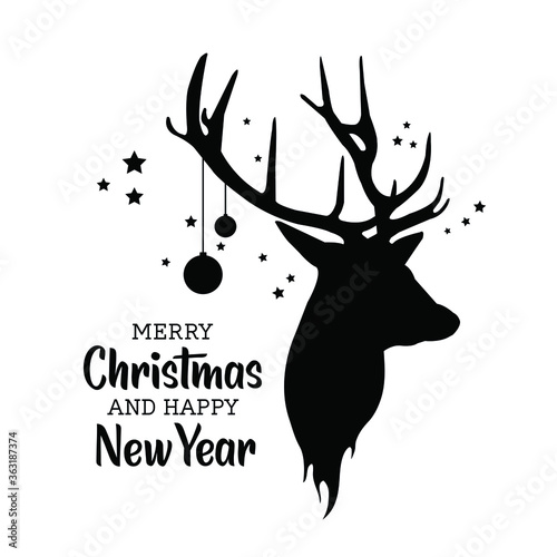 Christmas deer greeting card black silhouette. Merry Christmas and happy new year card .