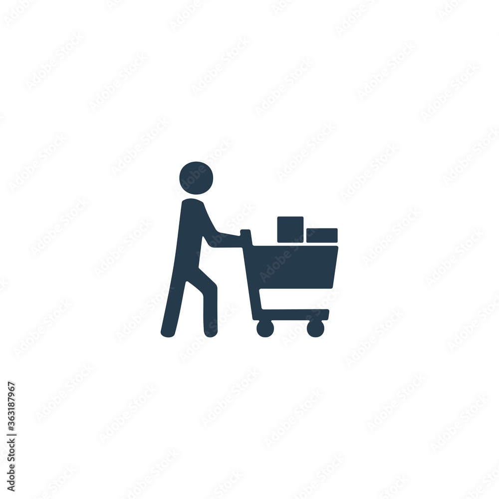 Man pushing a full shopping cart. Purchase, commerce sign. Man pushing a full shopping cart. Purchase, commerce sign.