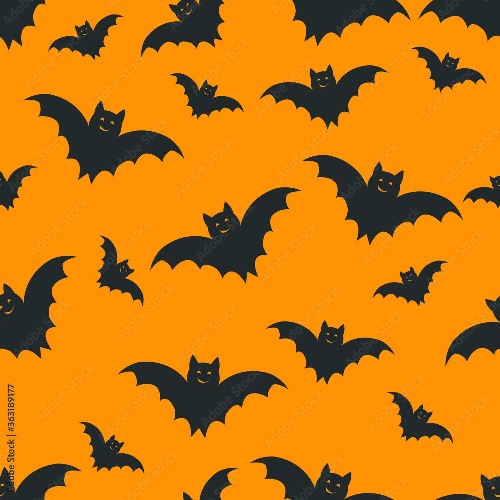 Seamless Halloween Pattern with Bats  on Orange.