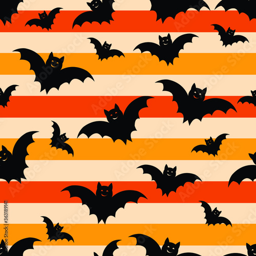Seamless Halloween Pattern with Bats and Stars on a striped background