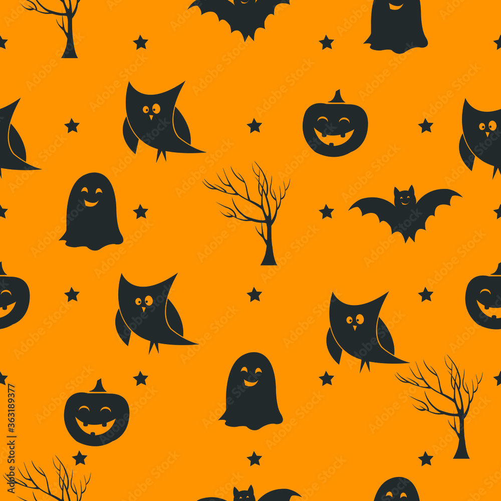 Seamless Halloween Pattern with Owl, Broom, Ghost, Pumpkin, Bat, Stars, Leaves, Horror on a striped background.