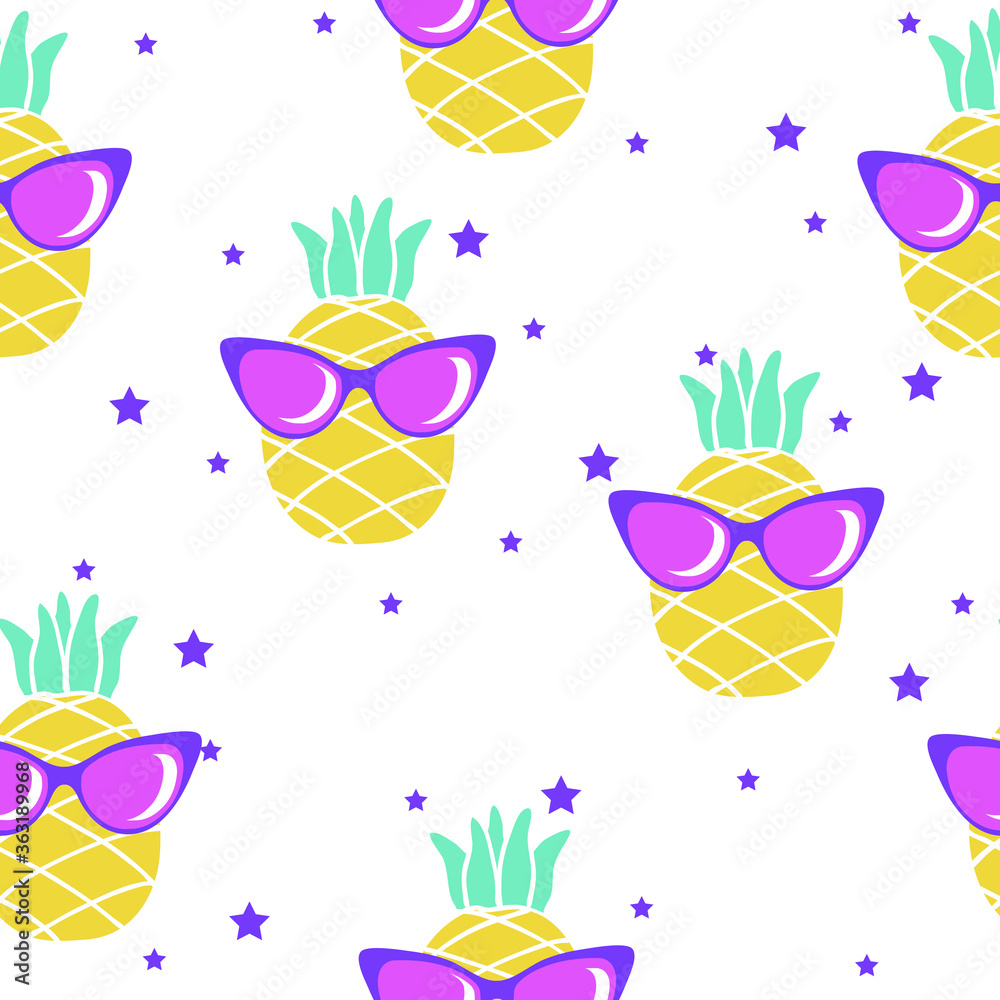 Seamless pattern with pineapple cool in sunglasses and stars.