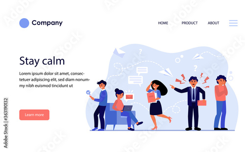 Aggressive leader shouting at scared employees. Angry boss, error, stress at work flat vector illustration. Business, workplace violence concept for banner, website design or landing web page