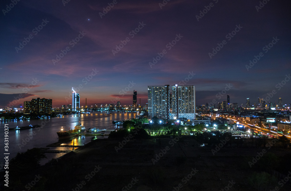 Bangkok riverside skyline with Chao Phraya river, Thailand