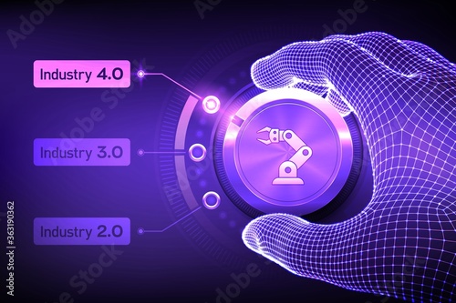 Smart Industry 4.0 concept. Industrial revolutions steps. Wireframe hand turning a knob and selecting industry 4.0 mode. Factory automation. Autonomous industrial technology. Vector illustration.