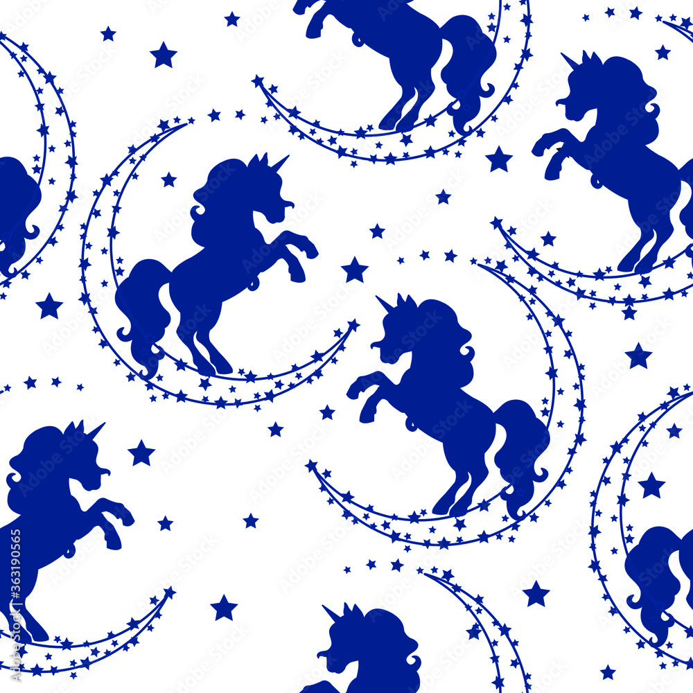 Seamless pattern with silhouettes of unicorns and stars on a white background. Background for children's clothing and textiles.