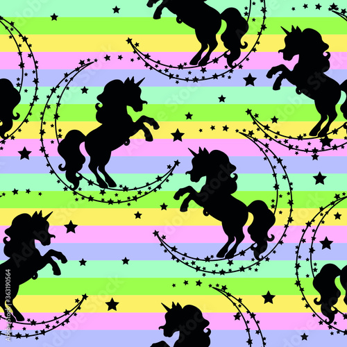 Seamless pattern with unicorns, month, stars on a rainbow background. Baby cute background.