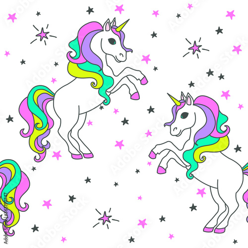 Seamless pattern with unicorns and stars. Baby background.