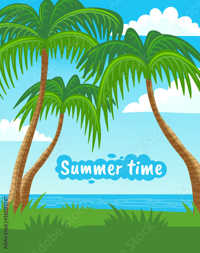 Summer time vacation landscape or banner template  flat vector illustration.