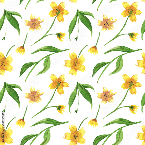 Watercolor seamless floral pattern with yellow flowers. The hand-drawn backdrop for the fabric or wrapping paper.