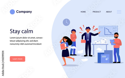 Aggressive nervous boss shouting at employees and courier. Angry leader, stressful job flat vector illustration. Business, workplace violence concept for banner, website design or landing web page