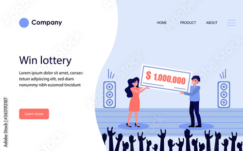 Lottery prize winner. Happy cheerful man and woman holding big bank check flat vector illustration. Winning money, luck, grant concept for banner, website design or landing web page