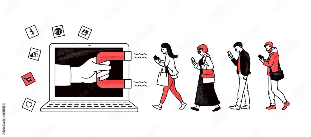 Inbound Vector Man Inbound marketing with magnet attracting people sketch vector ...