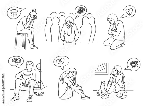 Line art set of sad and depressed people, sketch vector illustration isolated.
