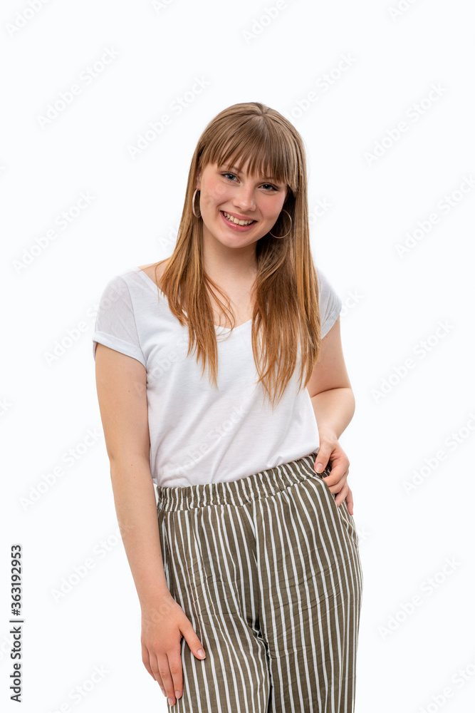 Young girl with long blonde hair with a bang, isolated