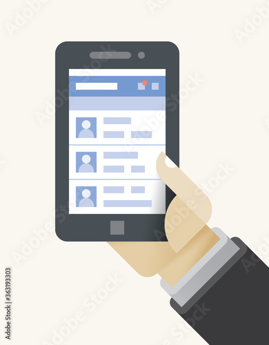  Businessman hand holding mobile smartphone with business contacts in social media network (Facebook, Twitter etc.) internet webpage.