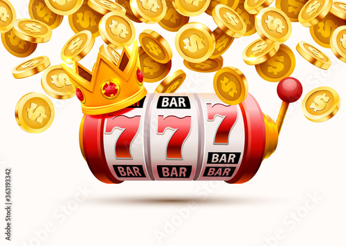 Slots 777 banner, golden coins jackpot, Casino 3d cover, slot machines and roulette with cards. Vector