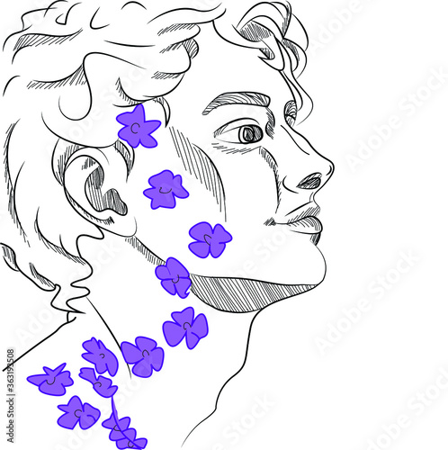 Vector portrait of a guy with violet on his face and neck. Isolated over white background. Illustration of a young European guy in fashion style. 