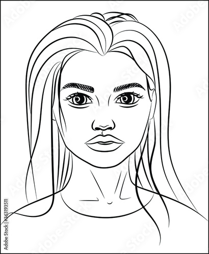 Young girl with her straight hair in a vector line. Isolated on a white background. Black line art of a Beautiful European Woman. Suitable for beauty salon, blog, picture in the interior or in site.
