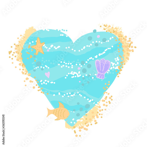Vector illustration of an ocean of love a heart shaped sea with sand and foamy waves.Fish shells and starfish.Space for text  copy space.Hand drawn illustration in flat style. Print for summer clothes