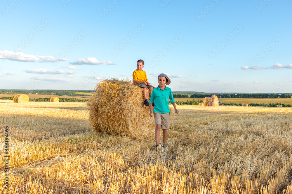 Children have fun  sit  on a haystack on a sunny day in the field.