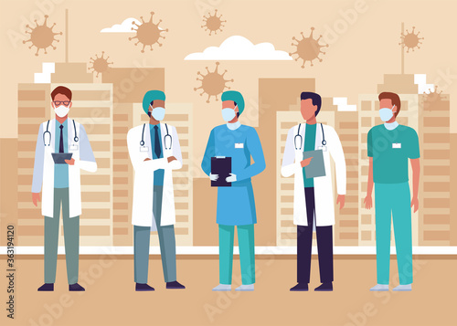 group of doctors wearing medical masks on the city