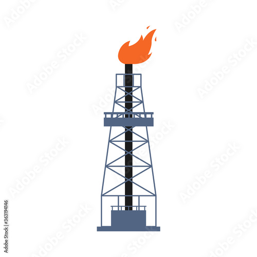Oil drilling rig tower icon with flame flat vector illustration isolated.