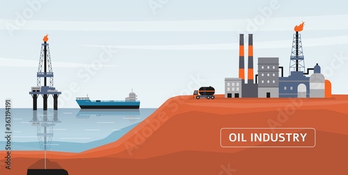 Oil industry banner with factory building and drilling equipment