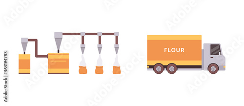 Flour factory equipment set - industrial packaging machine and lorry truck