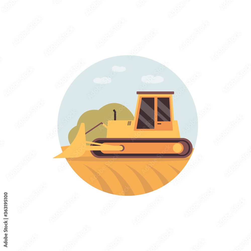 Fototapeta premium Yellow bulldozer on field - harvester machine or agricultural vehicle