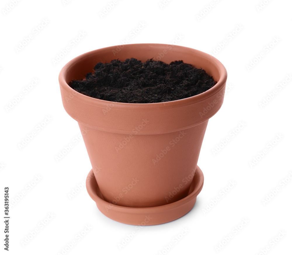 Stylish terracotta flower pot with soil isolated on white Stylish terracotta flower pot with soil isolated on white