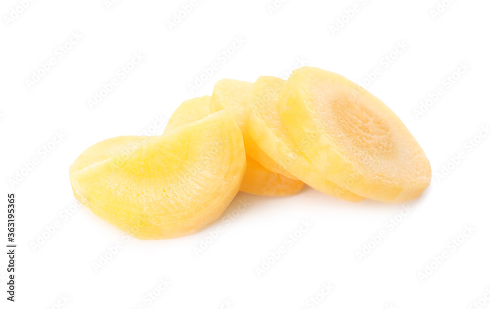Slices of raw yellow carrot isolated on white Slices of raw yellow carrot isolated on white